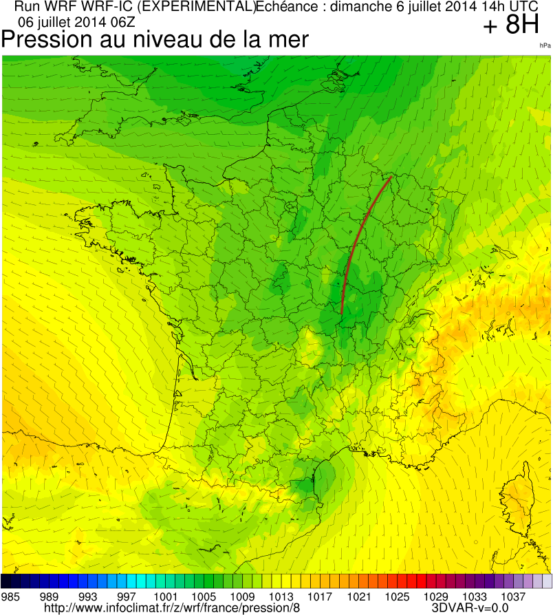 Carte des vents/pression en surface le 6 Juillet à 16h loc.