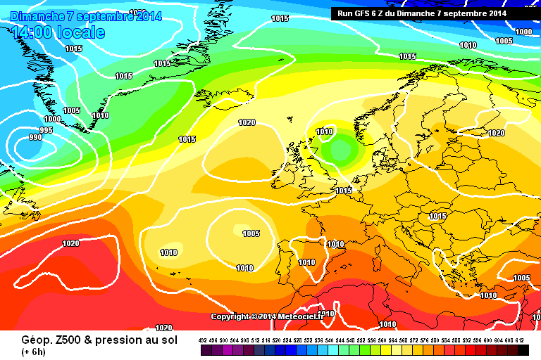 Exemple de carte au niveau européen - Pression niveau mer + géopotentiels 500 hPa (~5 500m)