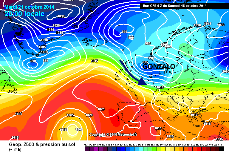 pression mer + g&eacute;opotentiels 500hPa ** source: meteociel.fr