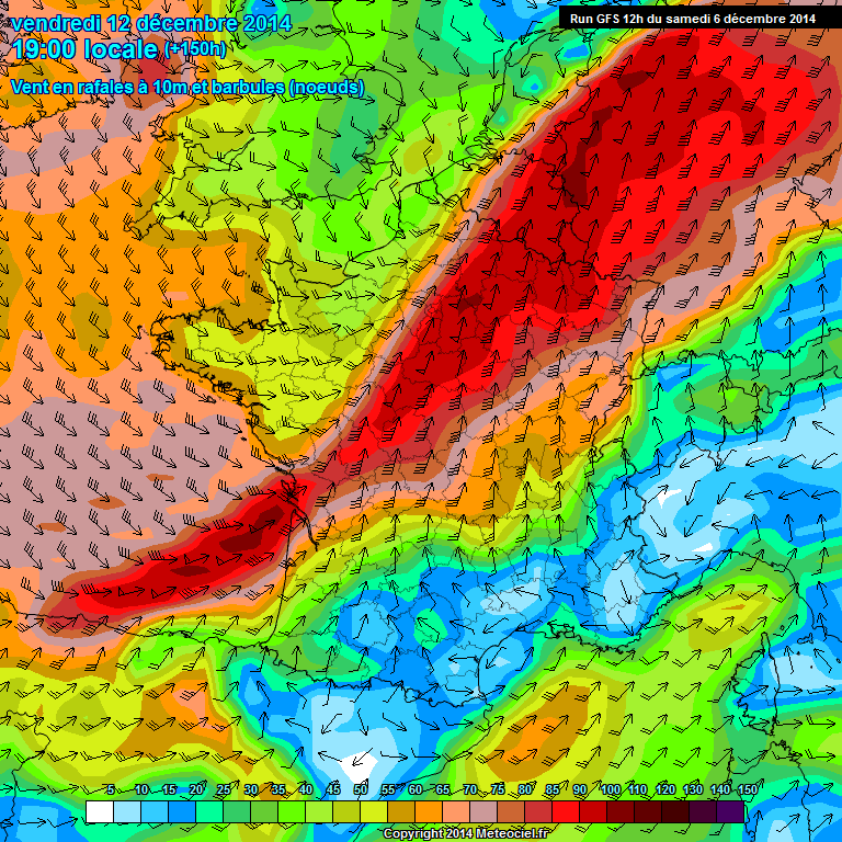 Simulation des rafales de vent - 10m au-dessus du sol par GFS (modele americain)