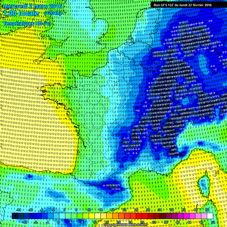 Températures minimales prévues si important épisode neigeux + masse d'air glacial en altitude (fiabilité très limitée) — www.meteociel.fr