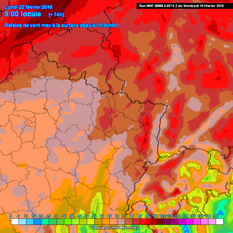 Rafales de vent maximales pour lundi — www.meteociel.fr