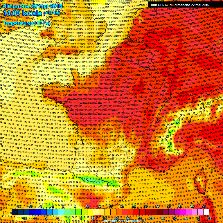 Températures maximales prévues dimanche 22 mai  pour le dimanche 29 mai (simulation) — www.meteociel.fr