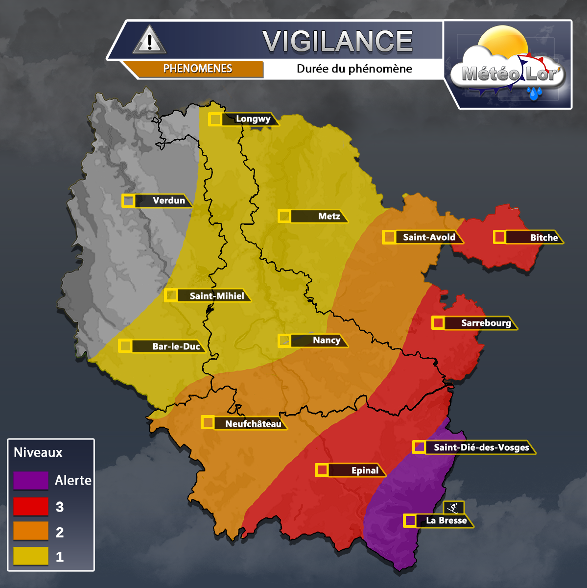 Carte type vigilance Météo Lor'