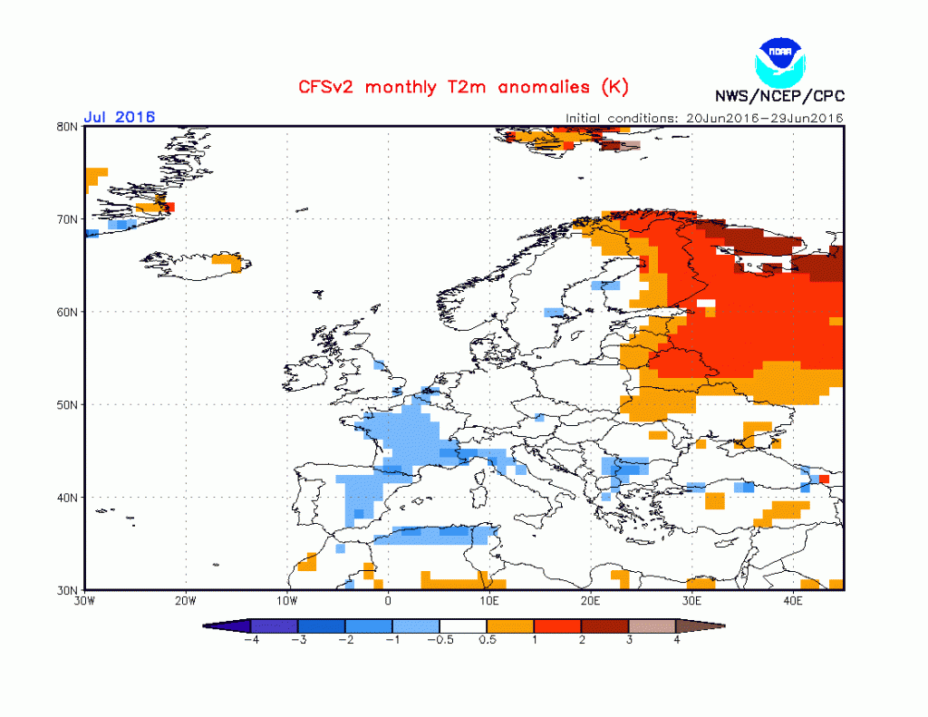 Anomalies de températures prévues pour juillet — source: NOAA http://www.cpc.ncep.noaa.gov/