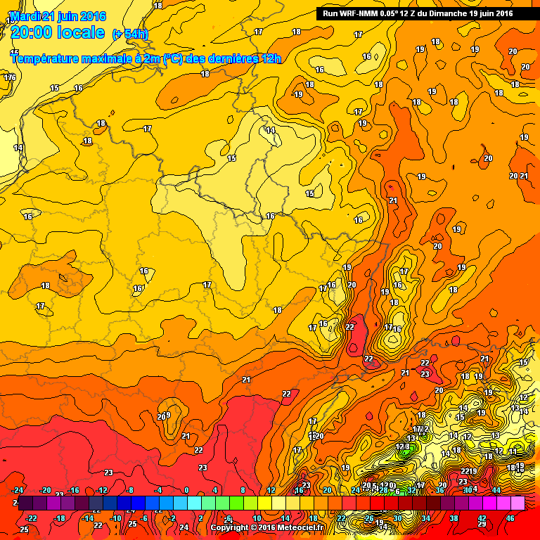 Températures maximales prévues mardi à 20h — www.meteociel.fr