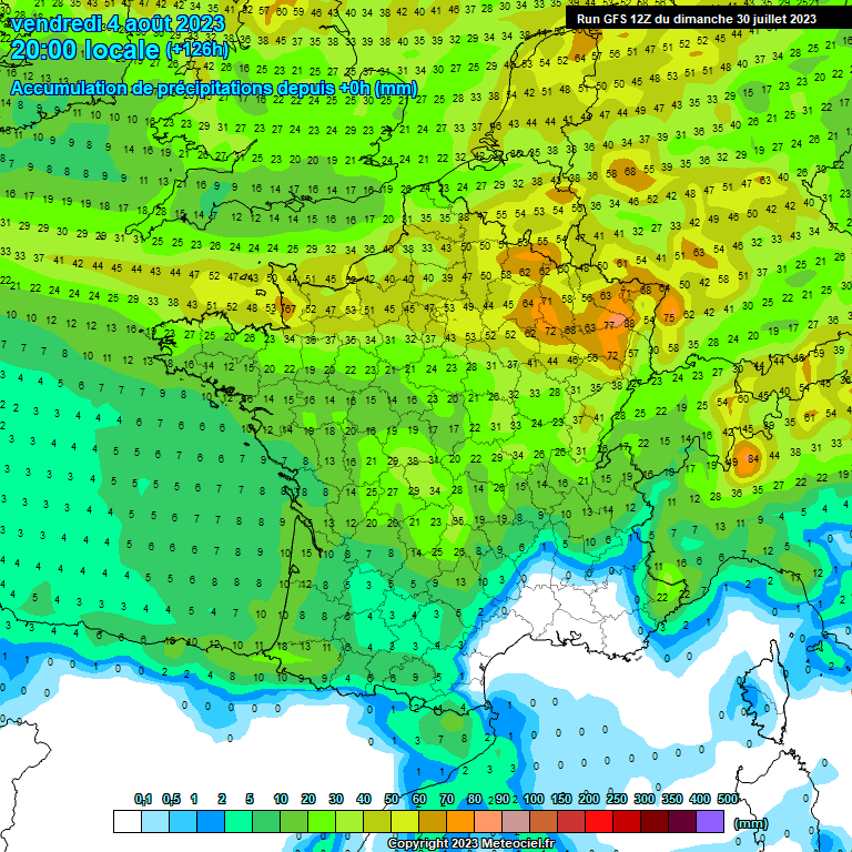 Cumuls de précipitations attendus d’ici dimanche matin en France (source : Meteociel, modèle GFS)