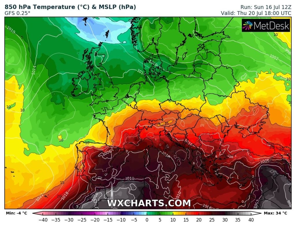 Températures 850hPa simulées par le modèle GFS via www.wxcharts.com .