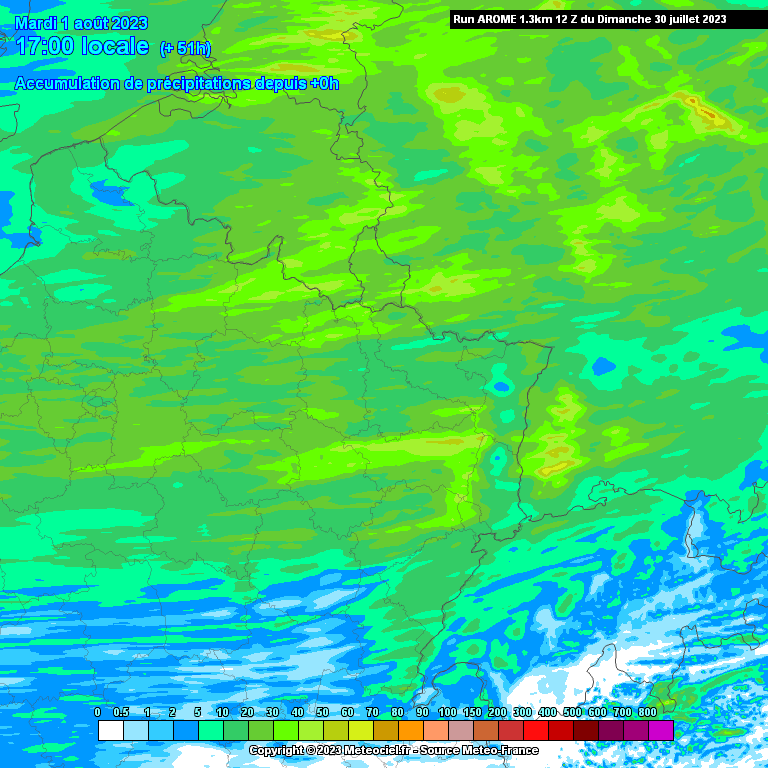 Cumuls de pluies attendus d’ici mardi soir dans le nord-est de la France (source : Meteociel, modèle Arome)