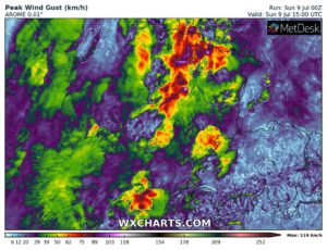 De violentes rafales de vent sont annoncées en Lorraine. Carte via www.wxcharts.com / Modèle AROME Météo France.