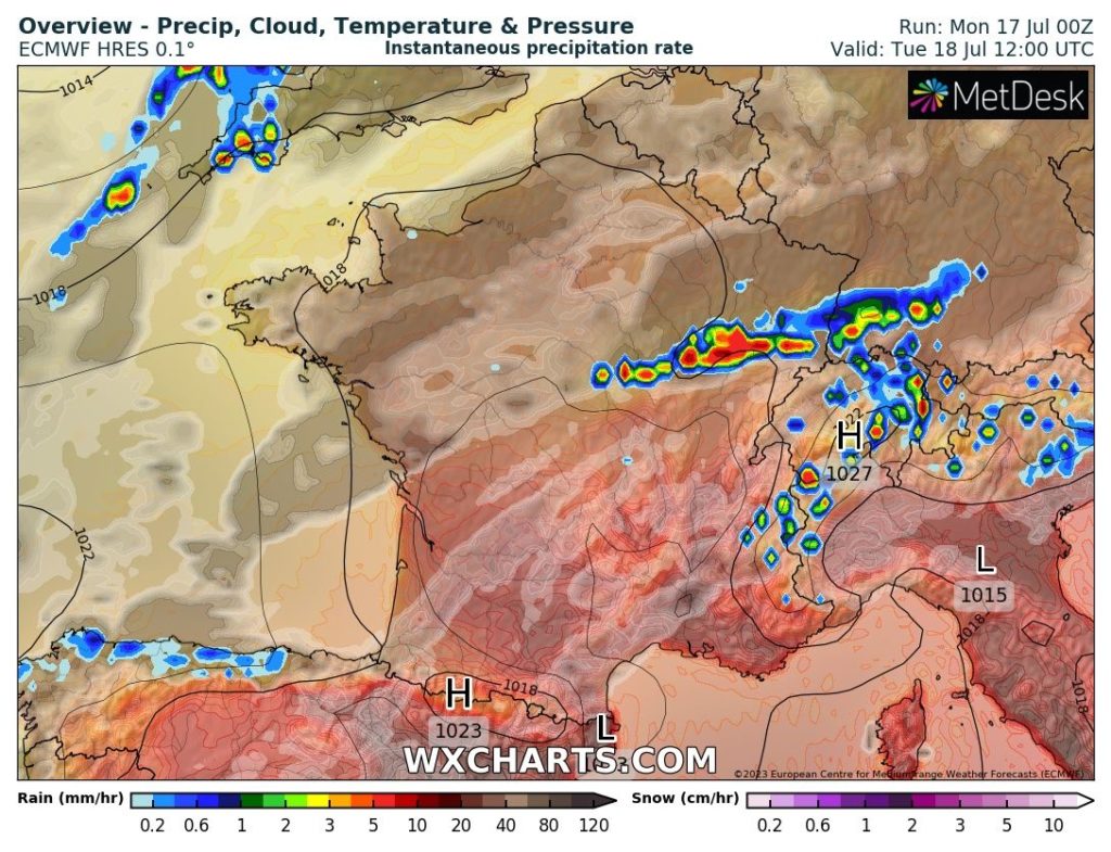 Orages dans les Vosges ce mardi via le modèle ECMWF depuis www.wxcharts.com .