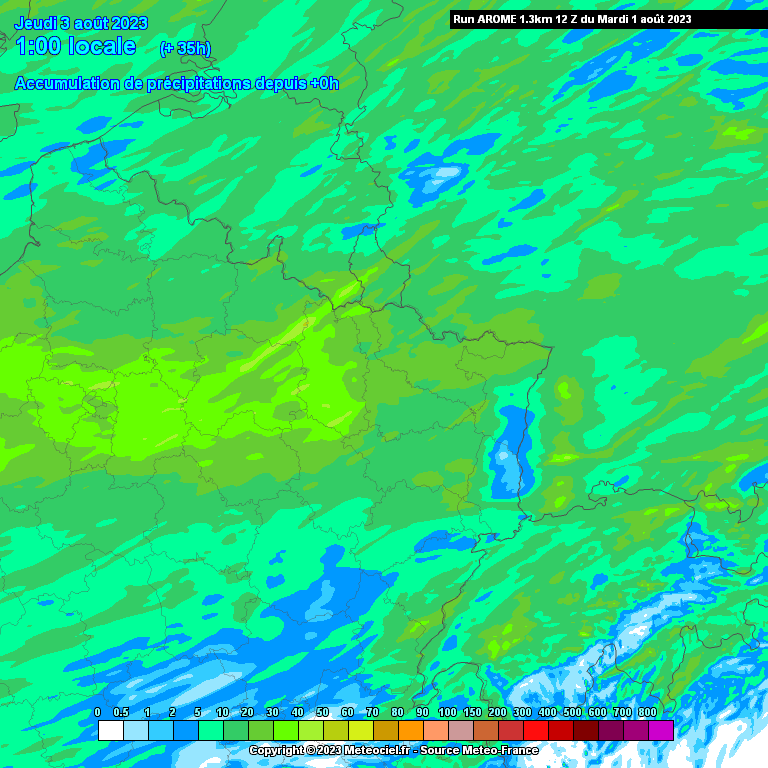 Cumuls de précipitations attendus d’ici mercredi à minuit dans le nord-est de la France (source : Meteociel, modèle Arome)