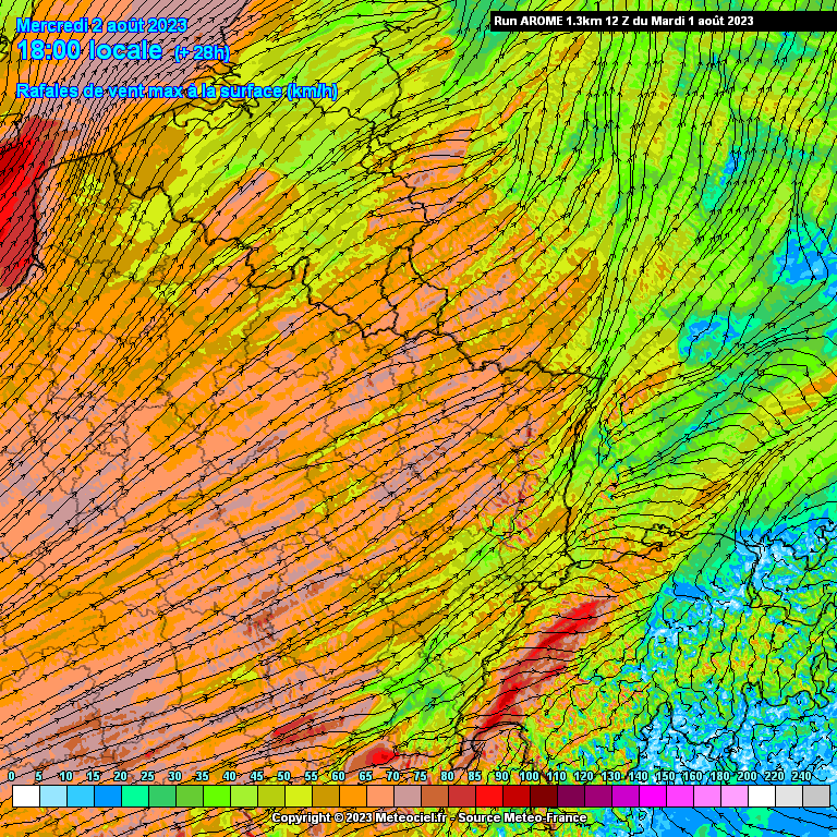 Le vent va souffler en Lorraine. Rafales de vent attendues ce mercredi à 18h dans le nord-est de la France (source : Meteociel, modèle Arome)