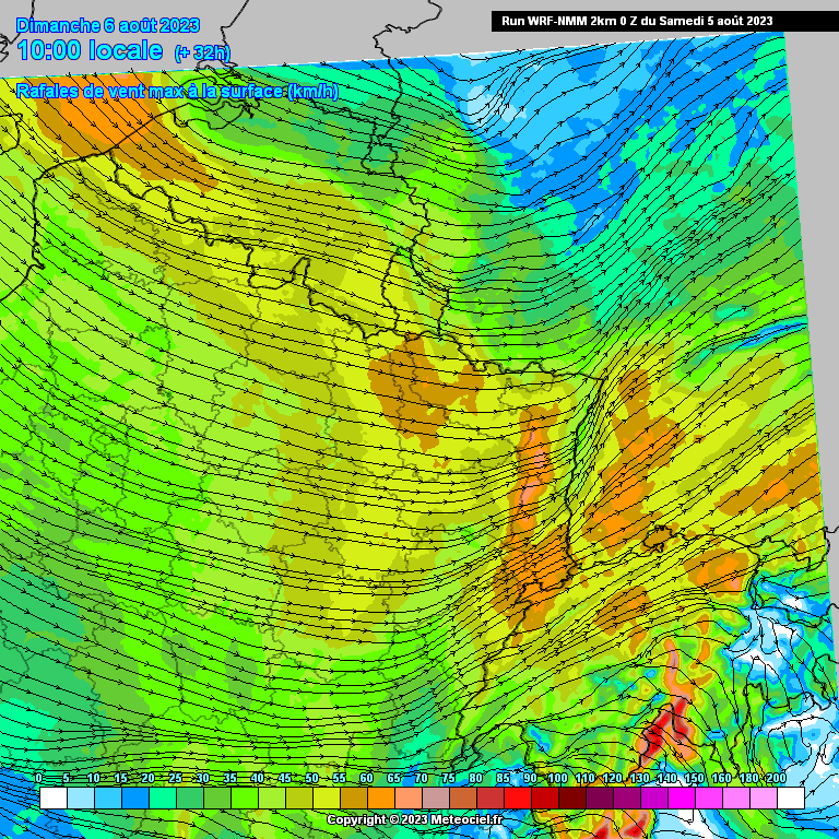 Rafales de vent attendues dans le nord-est de la France ce dimanche 6 août à 10h du matin (source : Meteociel, modèle WRF NMM)