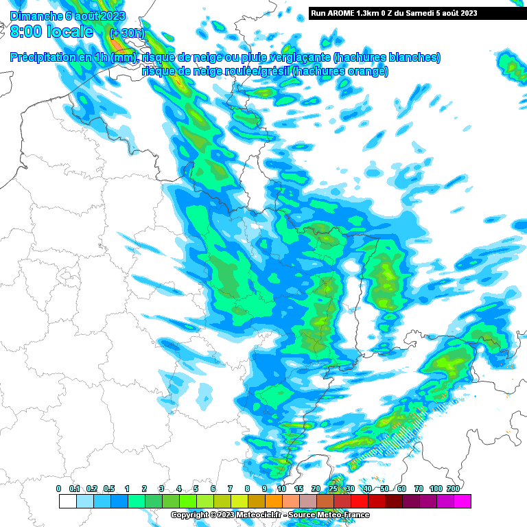 Précipitations attendues ce dimanche 6 août dans le nord-est de la France (source : Meteociel, modèle Arome)