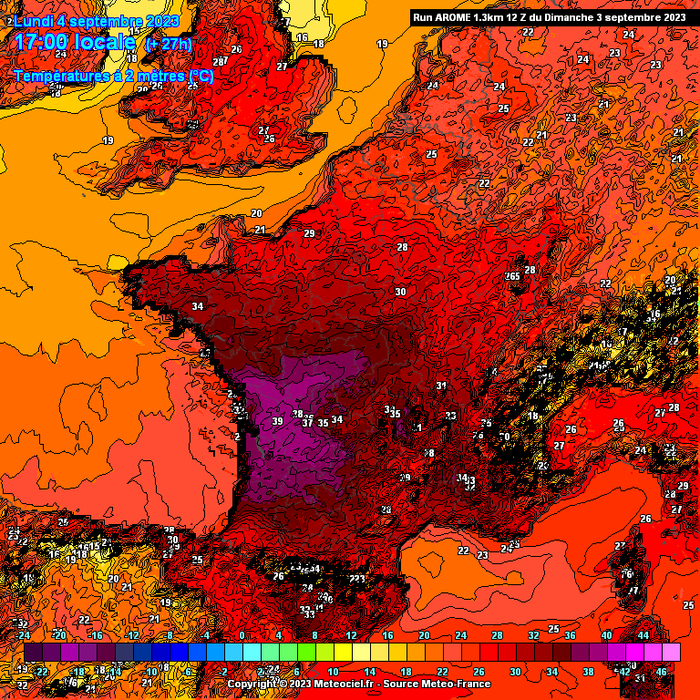 Températures maximales attendues en France ce lundi 4 septembre (source : Meteociel, modèle Arome)