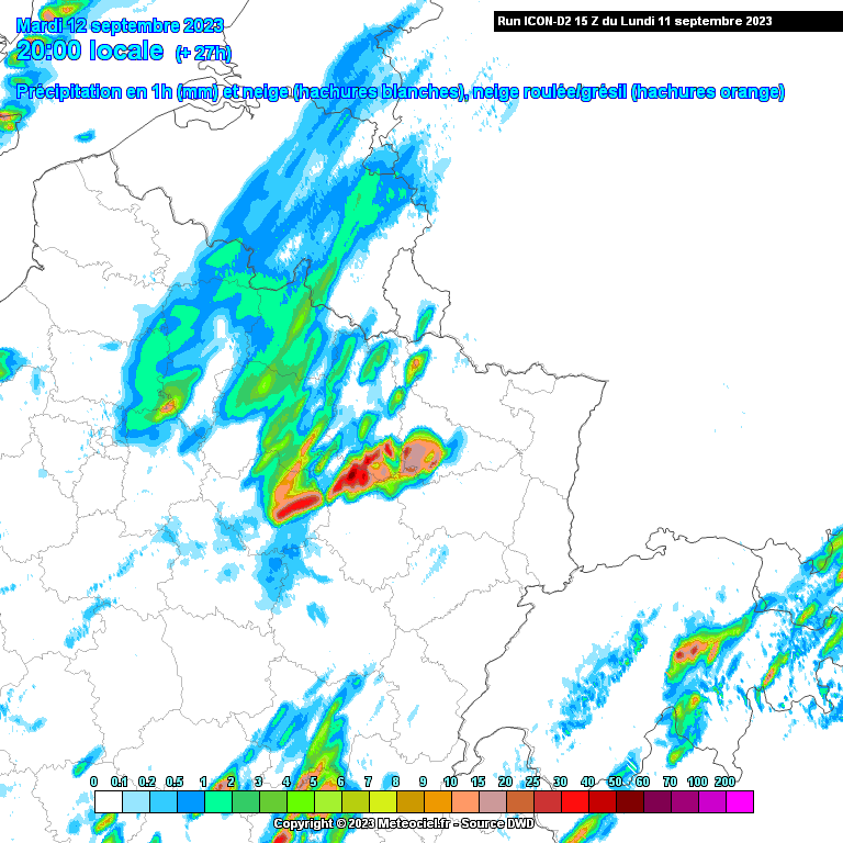 Précipitations attendues ce mardi 12 septembre à 20h dans le nord-est de la France (source : Meteociel, modèle Arome)