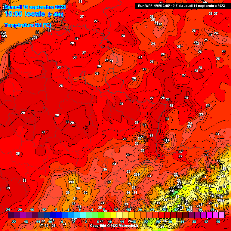 Températures maximales attendues ce samedi 16 septembre dans le nord-est de la France (source : Meteociel, modèle WRF NMM)