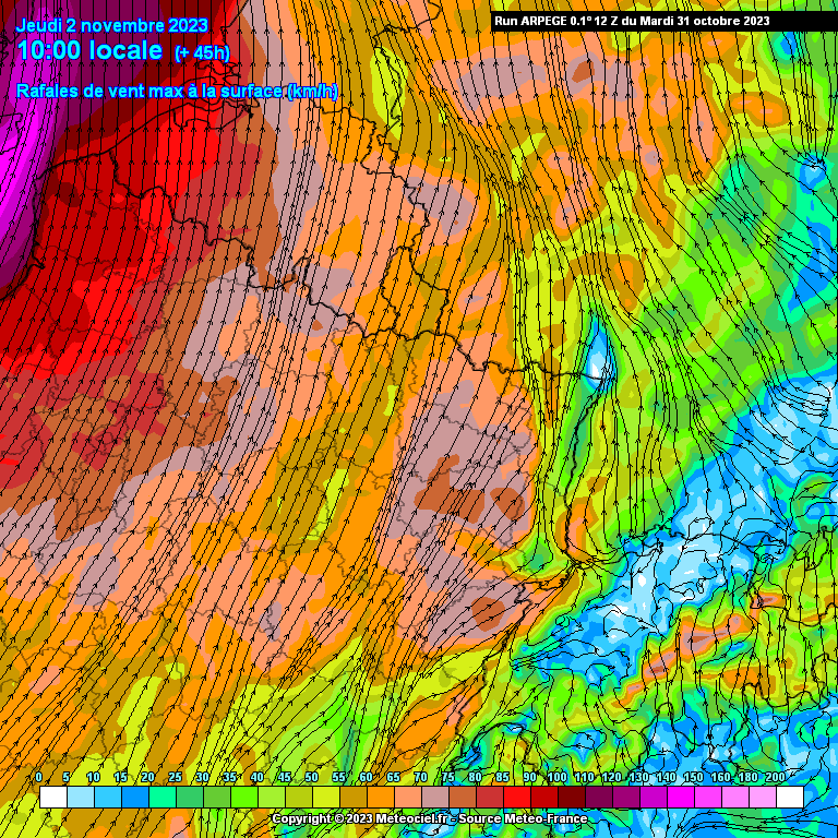 Rafales de vent attendues le jeudi 2 novembre à 10h du matin dans nord-est de la France.