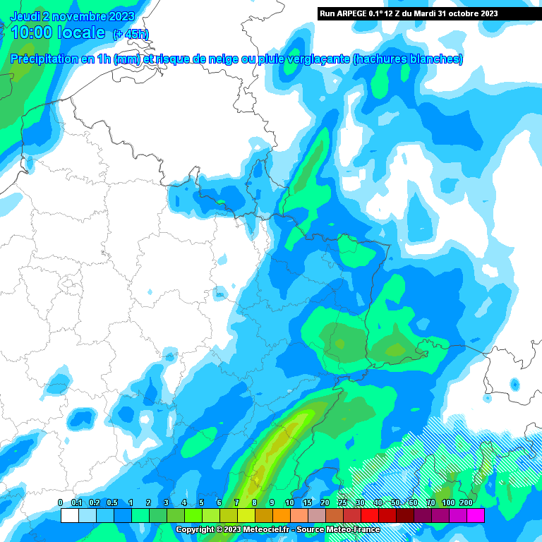 Pluies attendues dans le nord-est de la France le jeudi 2 novembre à 10h du matin.