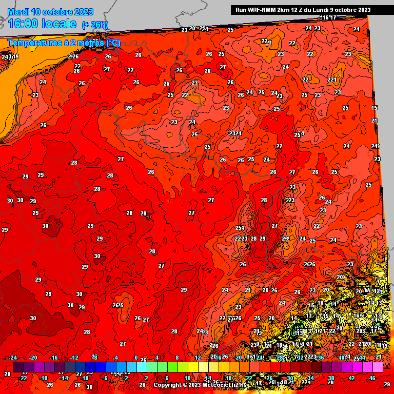 Températures maximales attendues ce mardi 10 octobre dans le nord-est de la France (source : Meteociel, modèle WRF NMM)