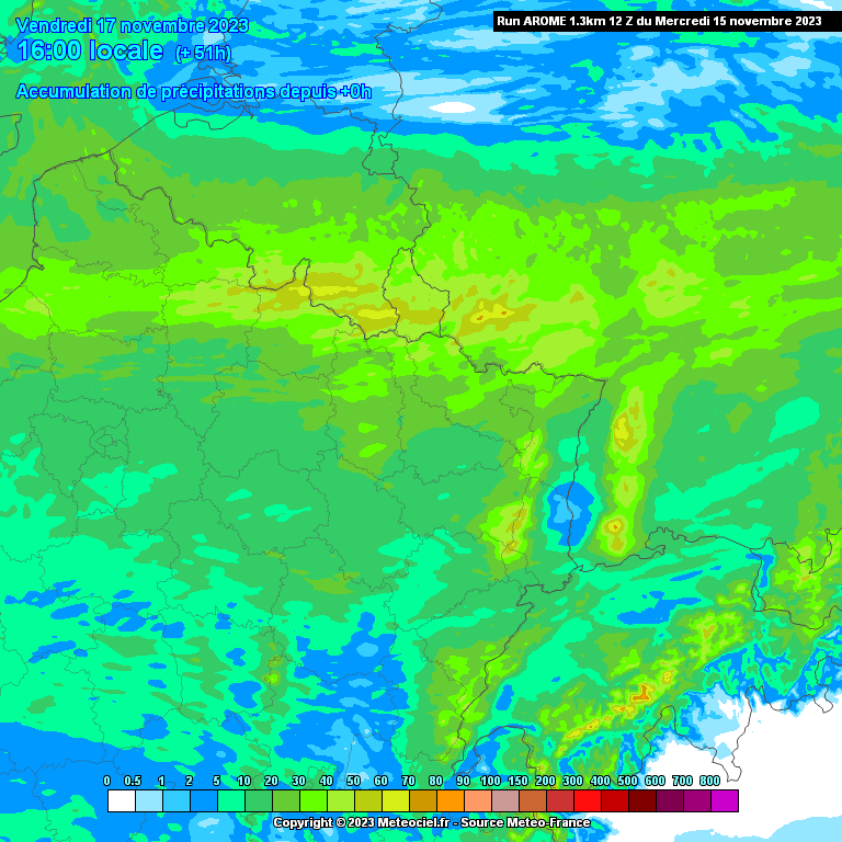 Cumuls de pluies attendues d’ici vendredi à 16h dans le nord-est de la France (source : Meteociel, modèle Arome)
