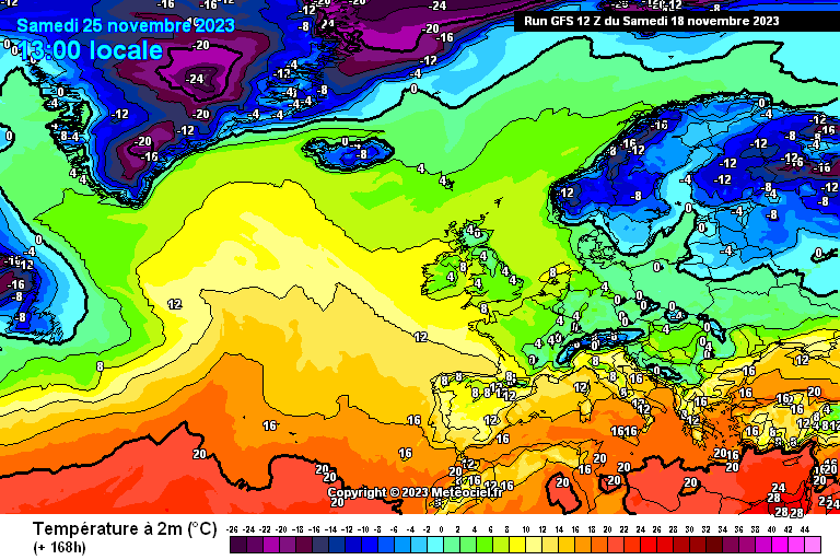 Modélisation des températures envisagées le samedi 25 novembre en Europe.
