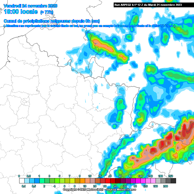 Cumuls de précipitations neigeuses attendus d’ici vendredi à 18h dans le nord-est de la France.