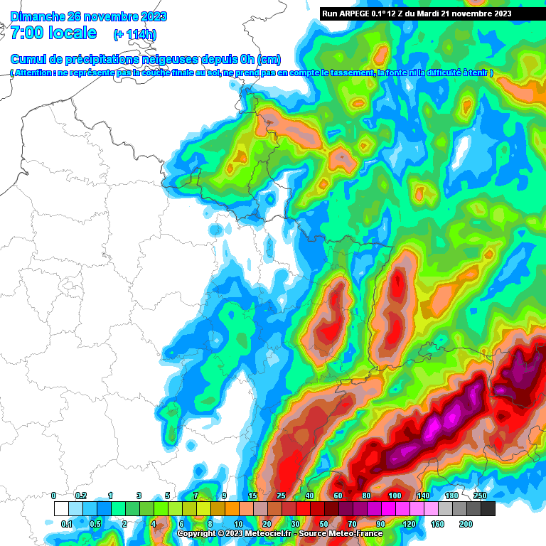 Cumuls de précipitations neigeuses attendus d’ici dimanche à 7h dans le nord-est de la France.