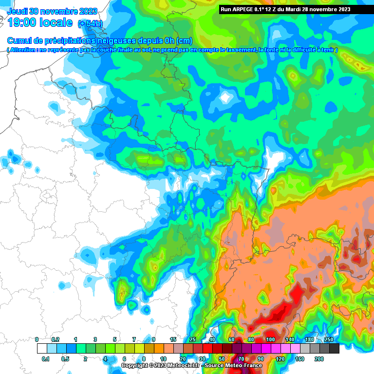 Cumuls de précipitations neigeuses attendues d’ici jeudi soir dans le nord-est de la France.