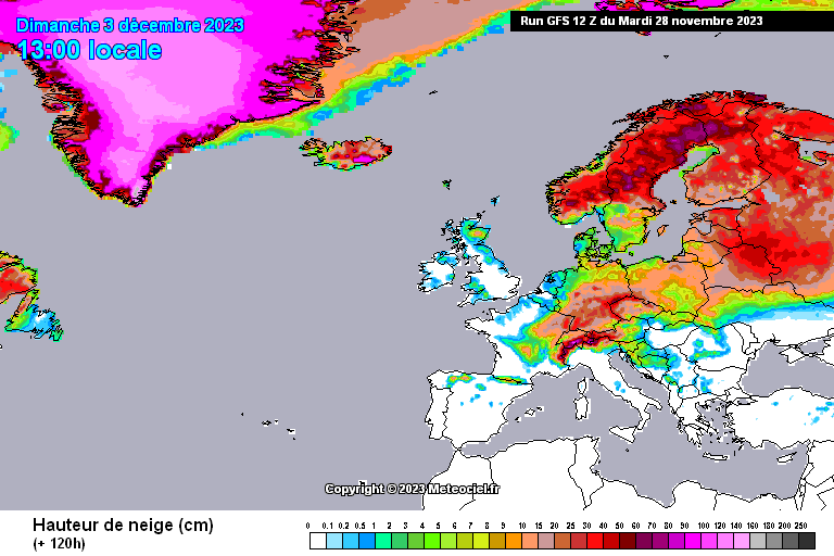 Couche de neige au sol envisagée sur le continent européen le dimanche 3 décembre à 13h.