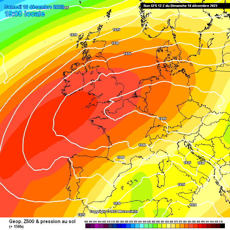 Simulation du modèle GFS pour la pression atmosphérique samedi prochain. Image via www.meteociel.fr.