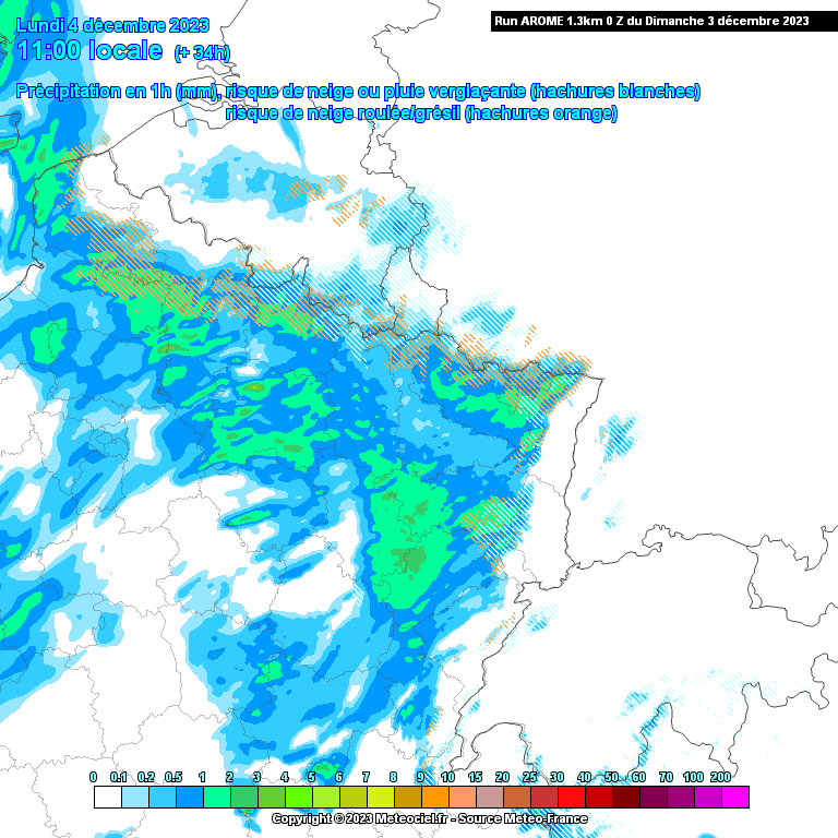 Précipitations attendues dans le nord-est de la France ce lundi à 11h du matin.