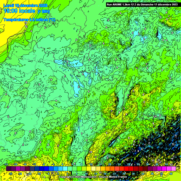 Températures attendues ce lundi après-midi dans le nord-est de la France (source : Meteociel, modèle Arome)