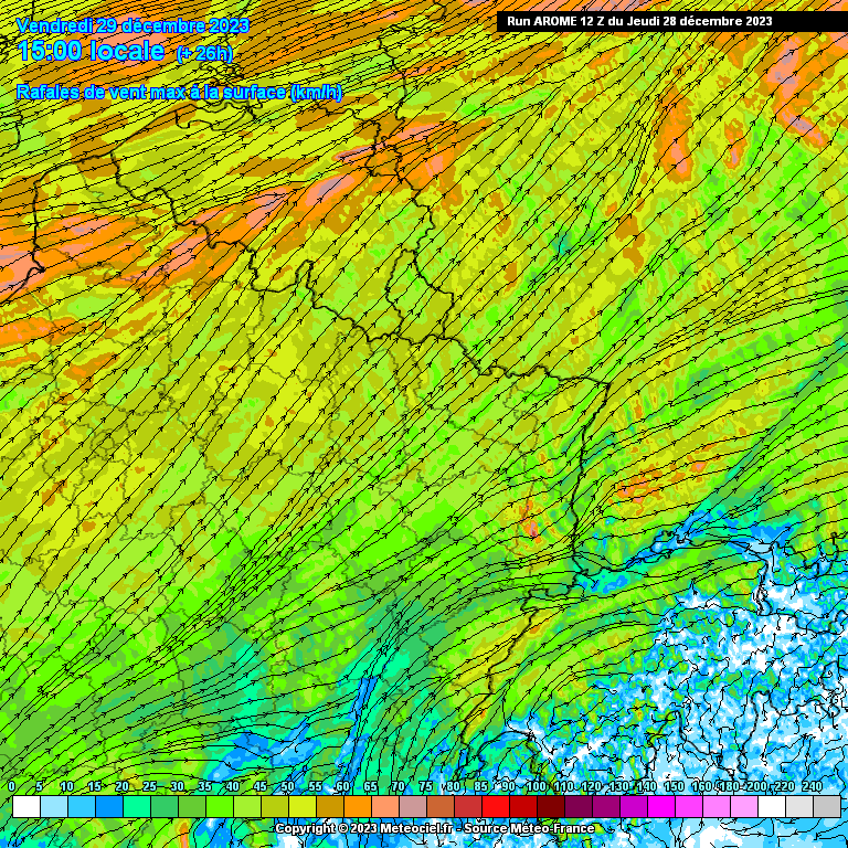Rafales de vent attendues ce vendredi à 15h dans le nord-est de la France (source : Meteociel, modèle Arome)