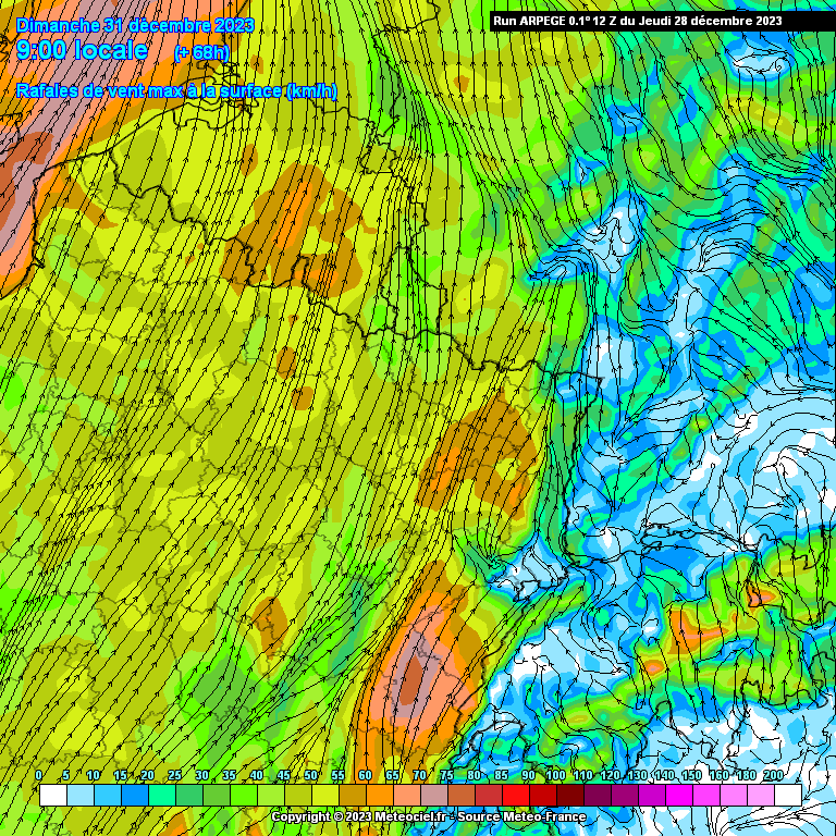 Rafales de vent attendues dans le nord-est de la France le dimanche 31 décembre à 9h du matin (source : Meteociel, modèle Arpege)