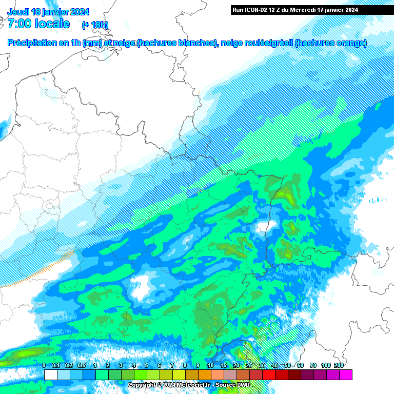 Neigeux sur le Nord-Ouest de la région jeudi matin. Carte issue du modèle ICON-D2 via www.meteociel.fr.