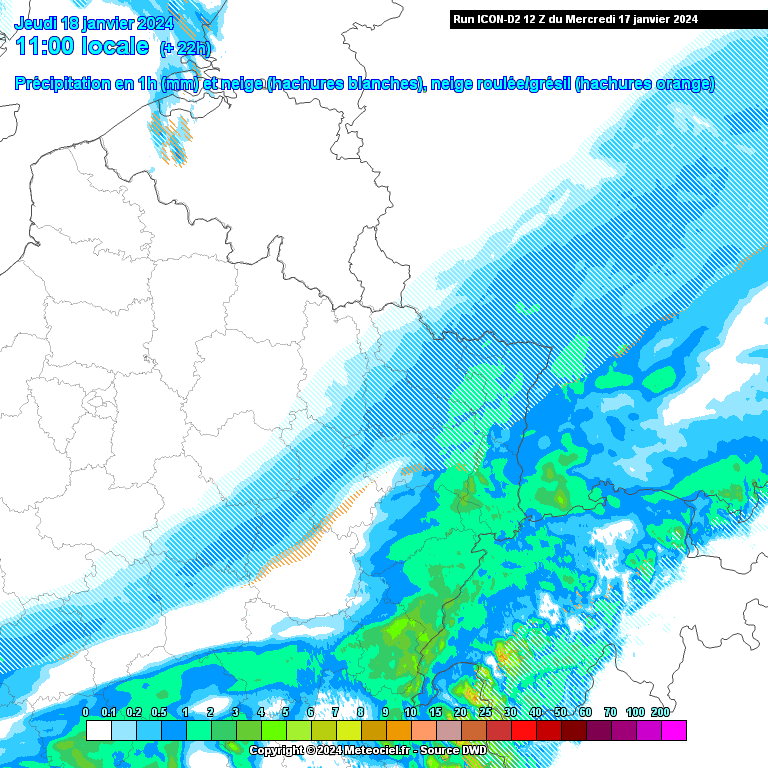 Neigeux sur le Sud-Est de la région jeudi fin de matinée / après-midi. Carte issue du modèle ICON-D2 via www.meteociel.fr.