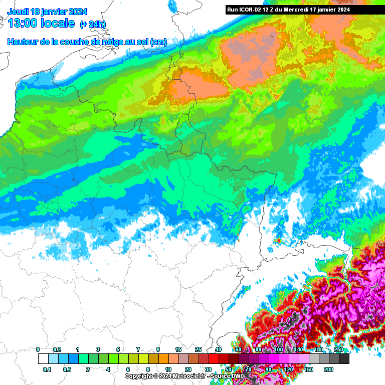 La couche de neige tenant au sol s'annonce limitée et plus marquée vers la Moselle-Est et le Pays-Haut. Carte issue du modèle ICON-D2 via www.meteociel.fr.