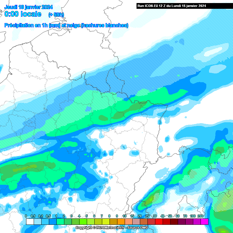 On surveillera le risque de neige surtout entre la soirée de mercredi et matinée de jeudi. À 2m, les températures pourraient rester faiblement négatives en journée de mercredi, sous la pluie. Carte : modèle ICON-EU via www.meteociel.fr.