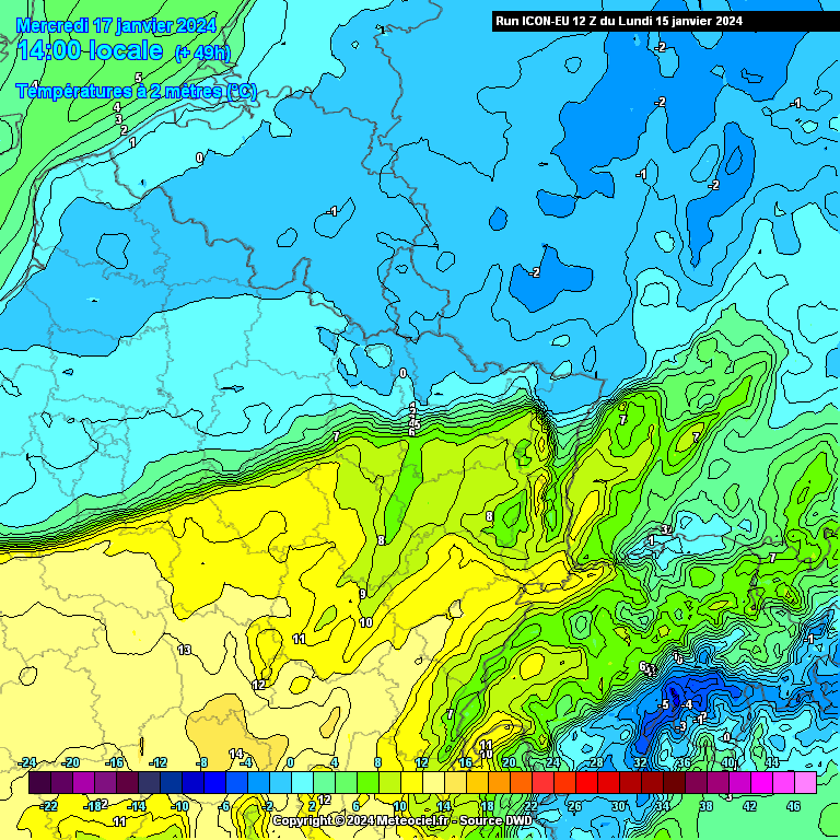 À 2m, les températures pourraient rester faiblement négatives en journée de mercredi, sous la pluie. Carte : modèle ICON-EU via www.meteociel.fr.