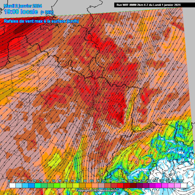 Rafales de vent attendues dans le nord-est de la France ce 2 janvier à 19h (source : Meteociel, modèle WRF NMM)
