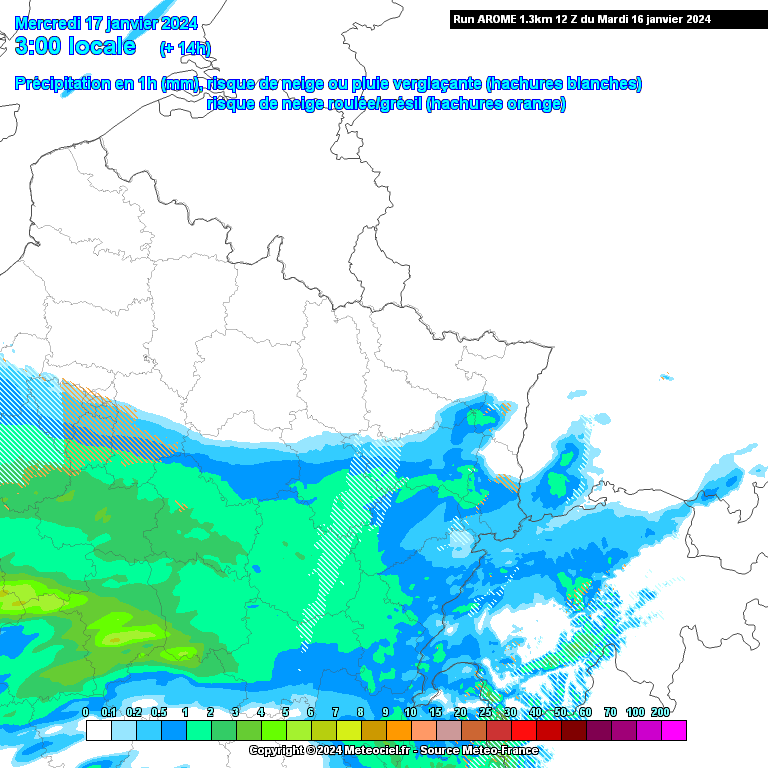 Précipitations attendues mercredi à 3h du matin dans le nord-est de la France (source : Meteociel, modèle Arome