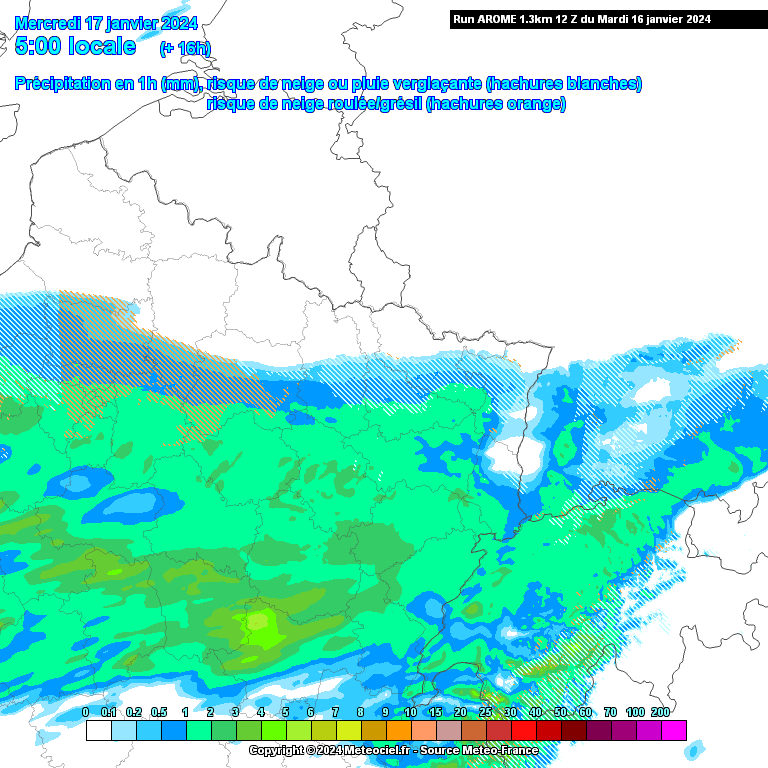 Précipitations attendues mercredi à 5h du matin dans le nord-est de la France (source : Meteociel, modèle Arome)