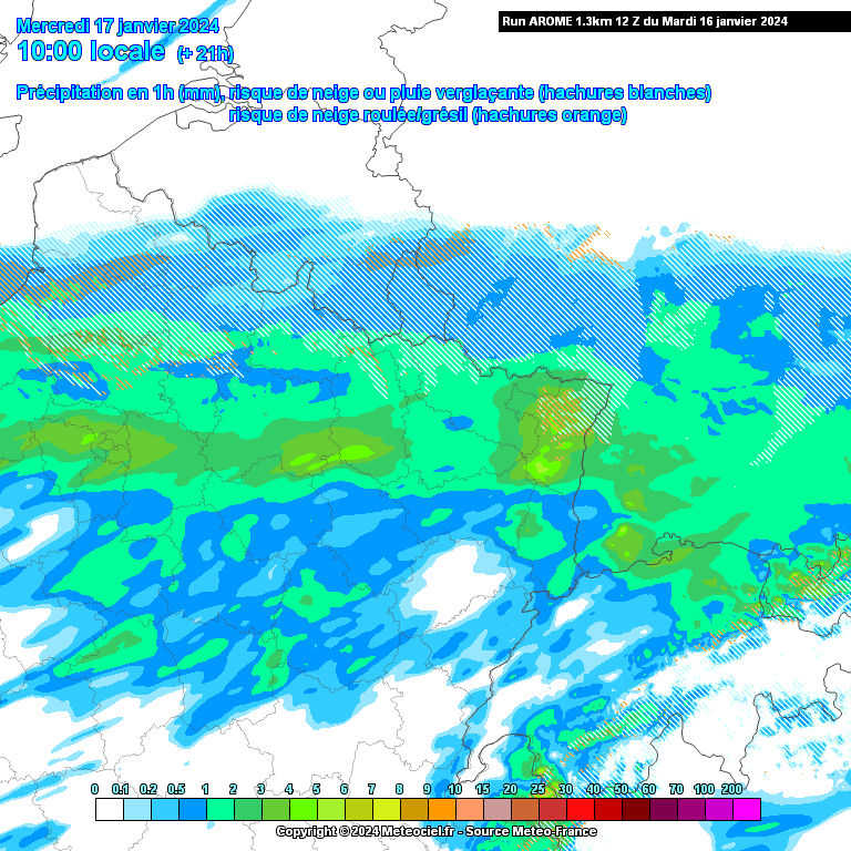 Précipitations attendues mercredi à 10h dans le nord-est de la France (source : Meteociel, modèle Arome)