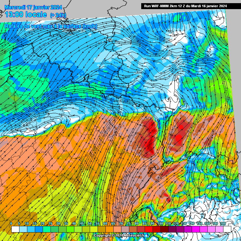 Rafales de vent attendues ce mercredi à 13h dans le nord-est de la France (source : Meteociel, modèle WRF NMM)