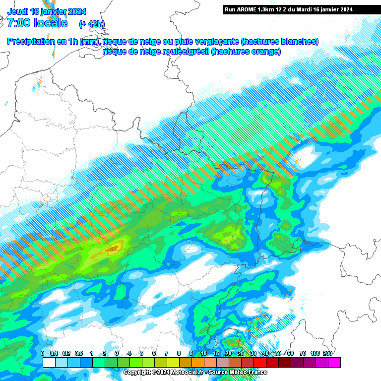 Précipitations attendues jeudi à 7h du matin dans le nord-est de la France (source : Meteociel, modèle Arome)