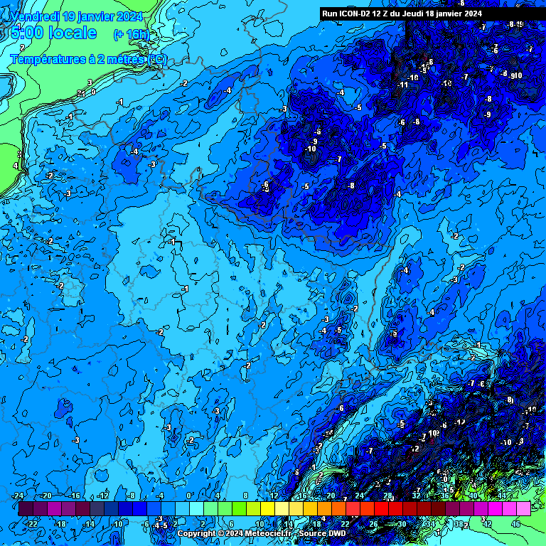 Les températures s'annoncent parfois fortement négatives au réveil de vendredi. Carte du modèle ICON-D2 via www.meteociel.fr.