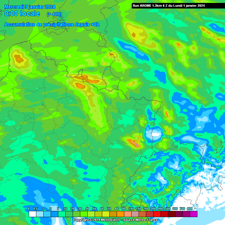 Cumuls de pluies attendues d’ici le milieu de nuit de mardi à mercredi dans le nord-est de la France (source : Meteociel, modèle Arome)