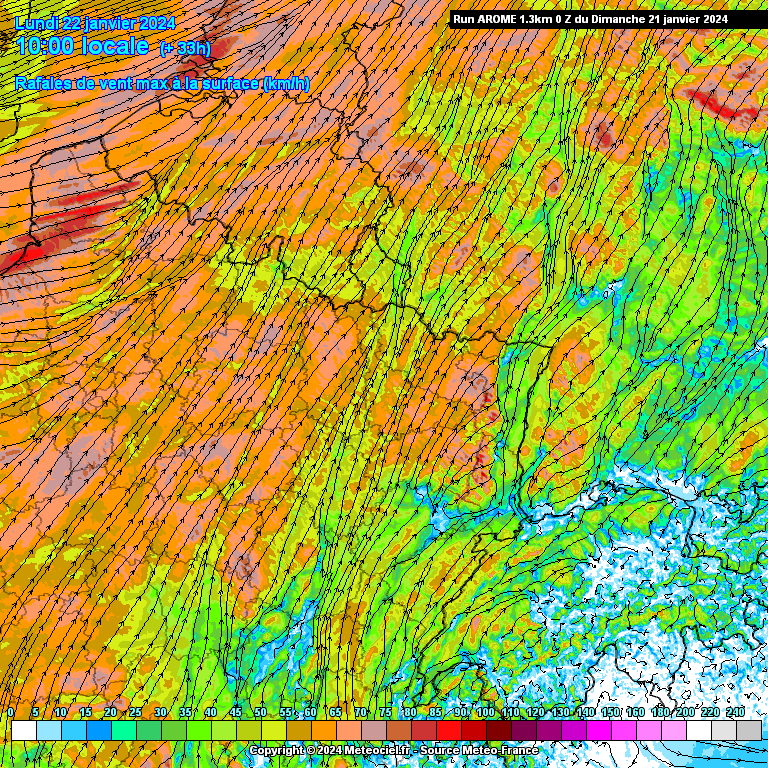 Rafales de vent attendues ce lundi à 10h du matin dans le nord-est de la France (source : Meteociel, modèle Arome)